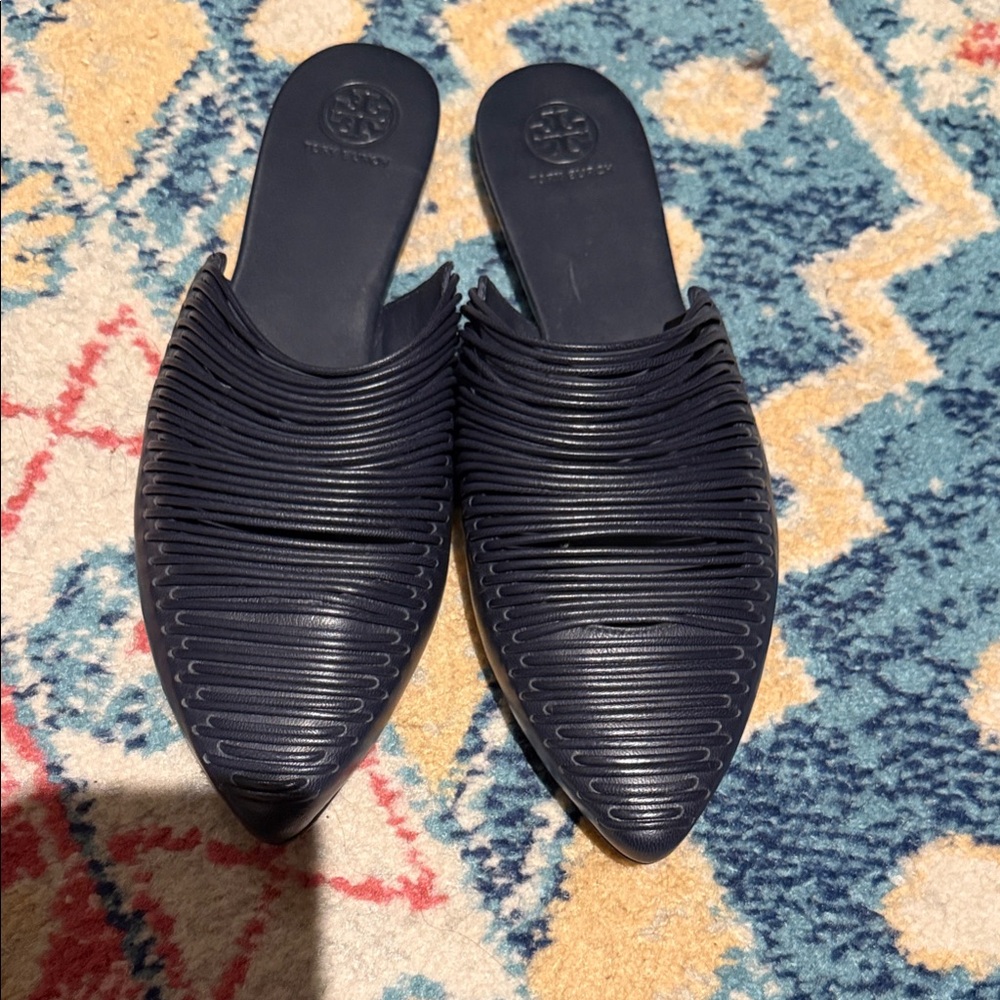 Tory Burch Navy Textured Pointed Slip-On Mules